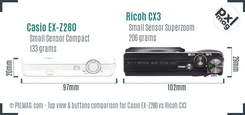 Casio EX-Z280 vs Ricoh CX3 top view buttons comparison