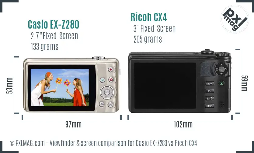 Casio EX-Z280 vs Ricoh CX4 Screen and Viewfinder comparison