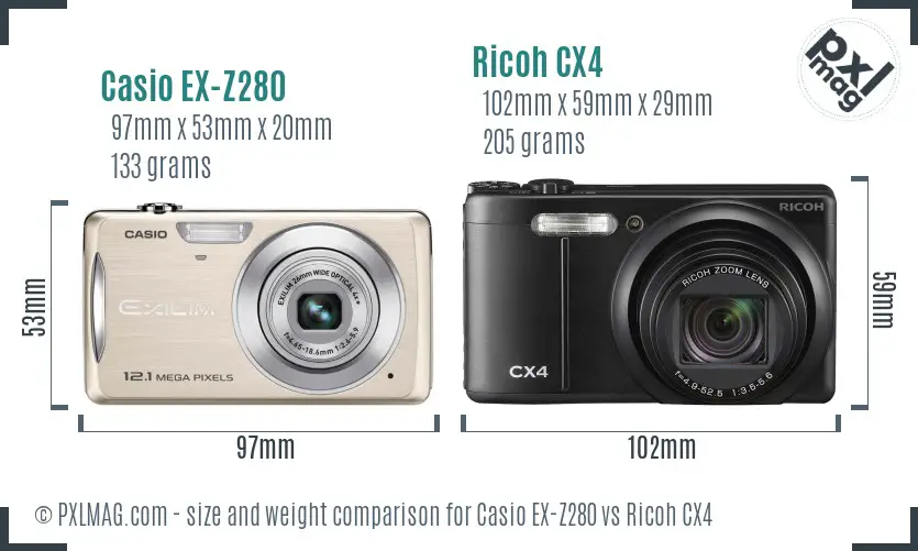 Casio EX-Z280 vs Ricoh CX4 size comparison