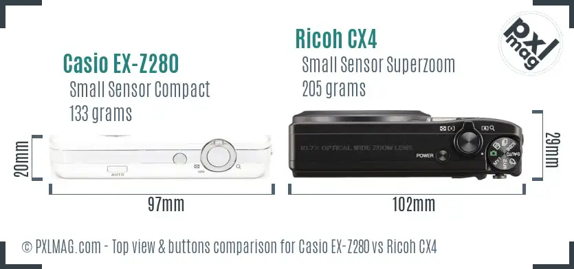 Casio EX-Z280 vs Ricoh CX4 top view buttons comparison