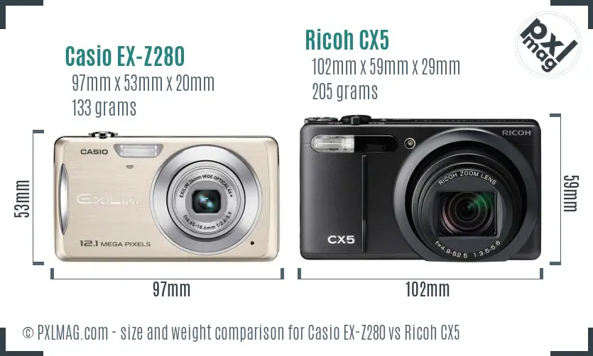 Casio EX-Z280 vs Ricoh CX5 size comparison Casio EX-Z280 vs Ricoh CX5 size comparison