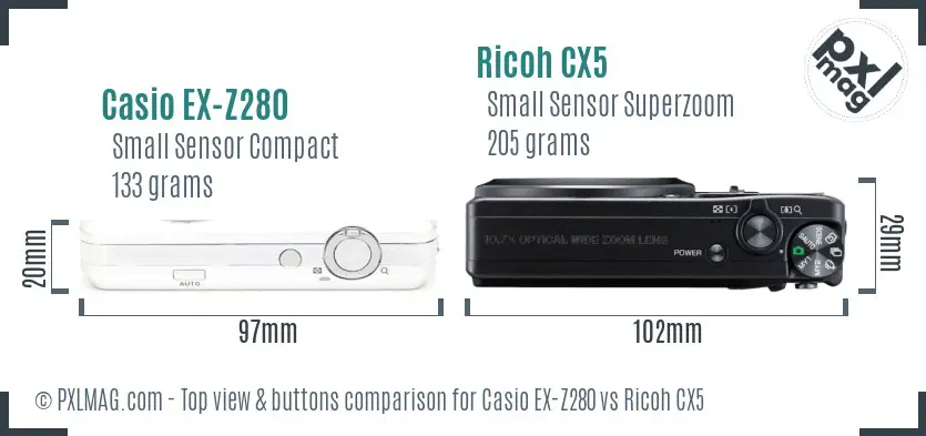 Casio EX-Z280 vs Ricoh CX5 top view buttons comparison Casio EX-Z280 vs Ricoh CX5 top view buttons comparison