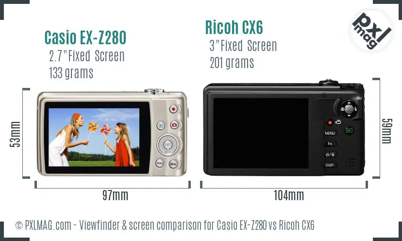 Casio EX-Z280 vs Ricoh CX6 Screen and Viewfinder comparison