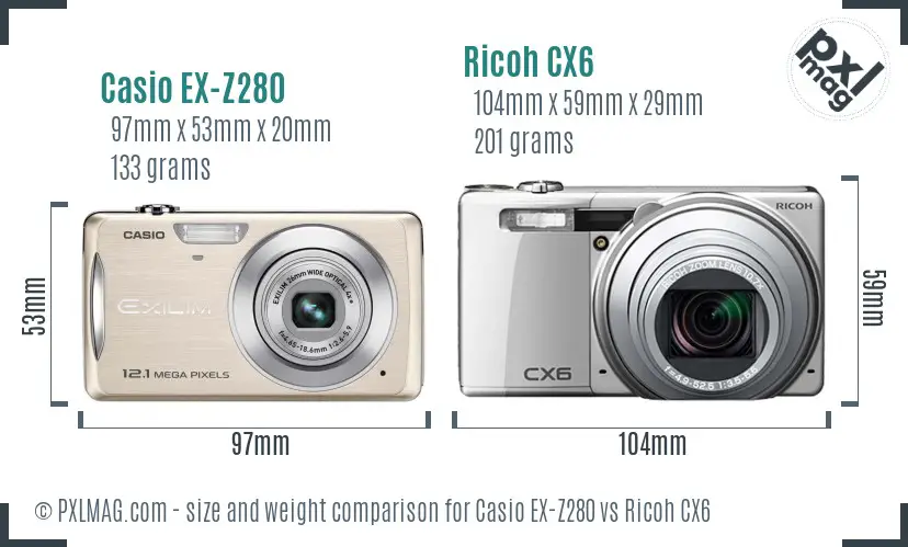 Casio EX-Z280 vs Ricoh CX6 size comparison