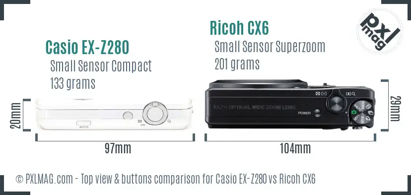 Casio EX-Z280 vs Ricoh CX6 top view buttons comparison