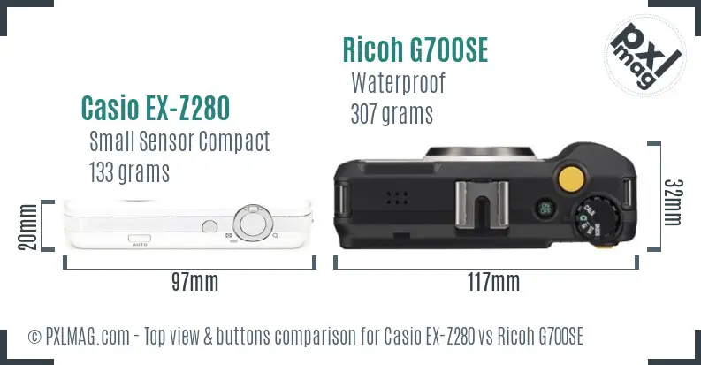 Casio EX-Z280 vs Ricoh G700SE top view buttons comparison