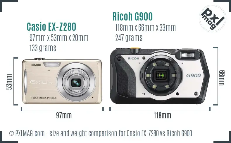 Casio EX-Z280 vs Ricoh G900 size comparison