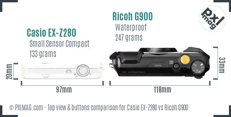 Casio EX-Z280 vs Ricoh G900 top view buttons comparison