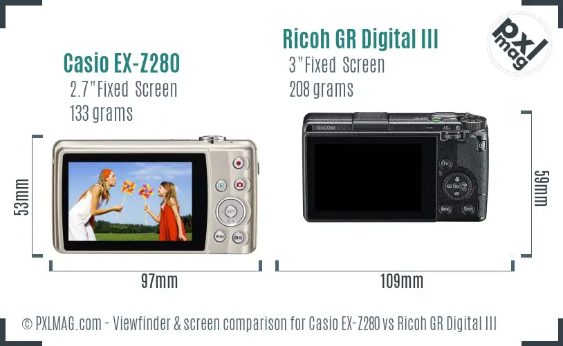 Casio EX-Z280 vs Ricoh GR Digital III Screen and Viewfinder comparison