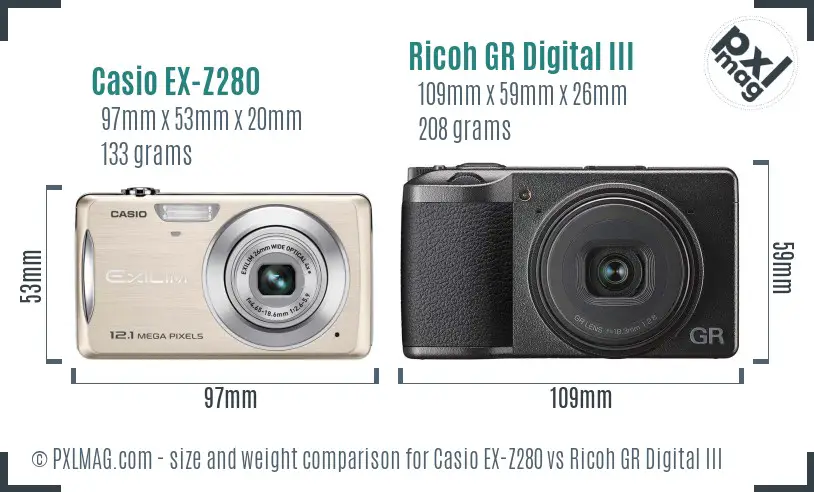 Casio EX-Z280 vs Ricoh GR Digital III size comparison