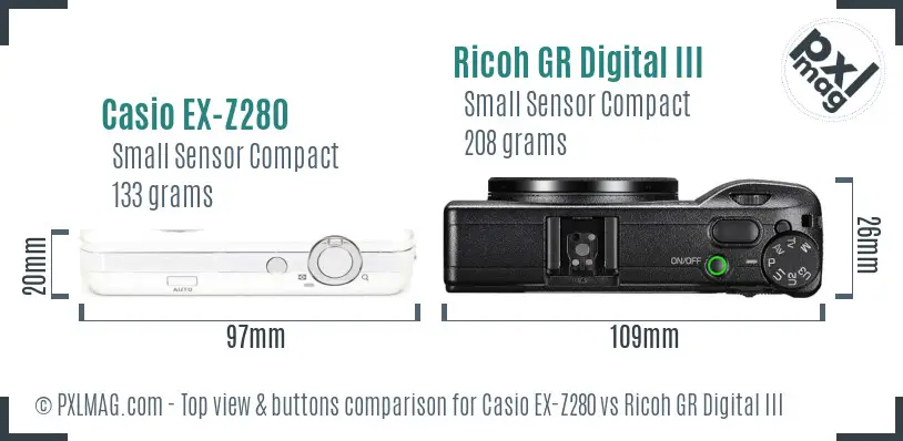 Casio EX-Z280 vs Ricoh GR Digital III top view buttons comparison