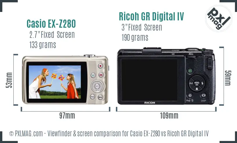 Casio EX-Z280 vs Ricoh GR Digital IV Screen and Viewfinder comparison