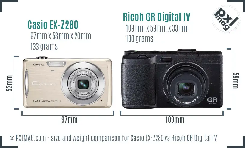 Casio EX-Z280 vs Ricoh GR Digital IV size comparison