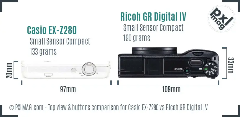 Casio EX-Z280 vs Ricoh GR Digital IV top view buttons comparison