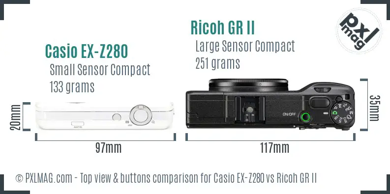 Casio EX-Z280 vs Ricoh GR II top view buttons comparison Casio EX-Z280 vs Ricoh GR II top view buttons comparison