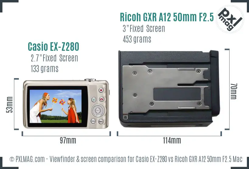 Casio EX-Z280 vs Ricoh GXR A12 50mm F2.5 Macro Screen and Viewfinder comparison