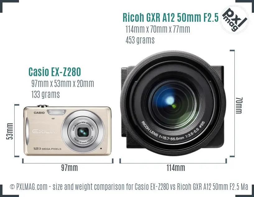 Casio EX-Z280 vs Ricoh GXR A12 50mm F2.5 Macro size comparison