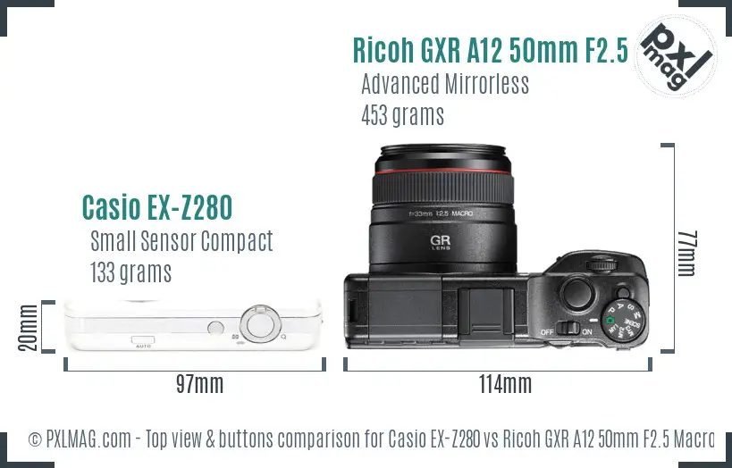 Casio EX-Z280 vs Ricoh GXR A12 50mm F2.5 Macro top view buttons comparison