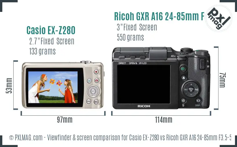 Casio EX-Z280 vs Ricoh GXR A16 24-85mm F3.5-5.5 Screen and Viewfinder comparison