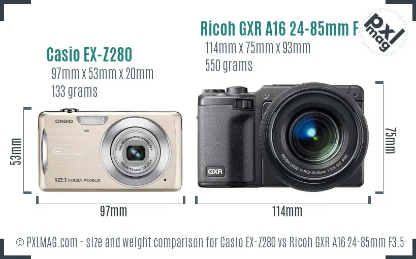 Casio EX-Z280 vs Ricoh GXR A16 24-85mm F3.5-5.5 size comparison