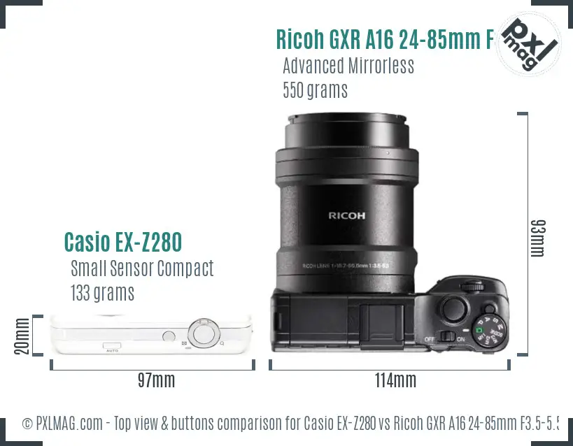 Casio EX-Z280 vs Ricoh GXR A16 24-85mm F3.5-5.5 top view buttons comparison