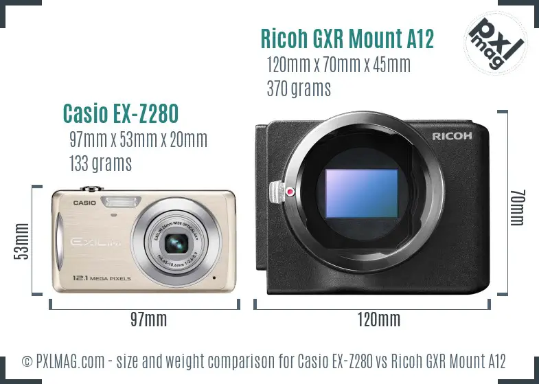 Casio EX-Z280 vs Ricoh GXR Mount A12 size comparison