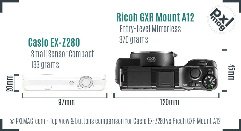 Casio EX-Z280 vs Ricoh GXR Mount A12 top view buttons comparison