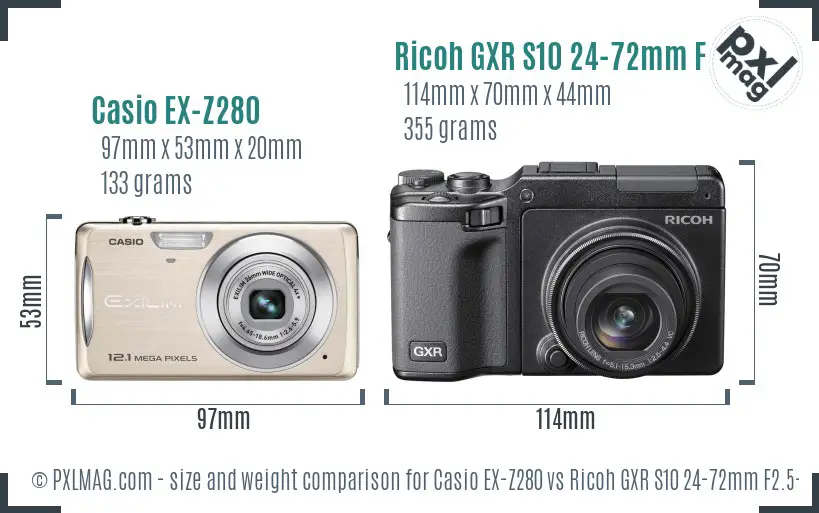 Casio EX-Z280 vs Ricoh GXR S10 24-72mm F2.5-4.4 VC size comparison Casio EX-Z280 vs Ricoh GXR S10 24-72mm F2.5-4.4 VC size comparison