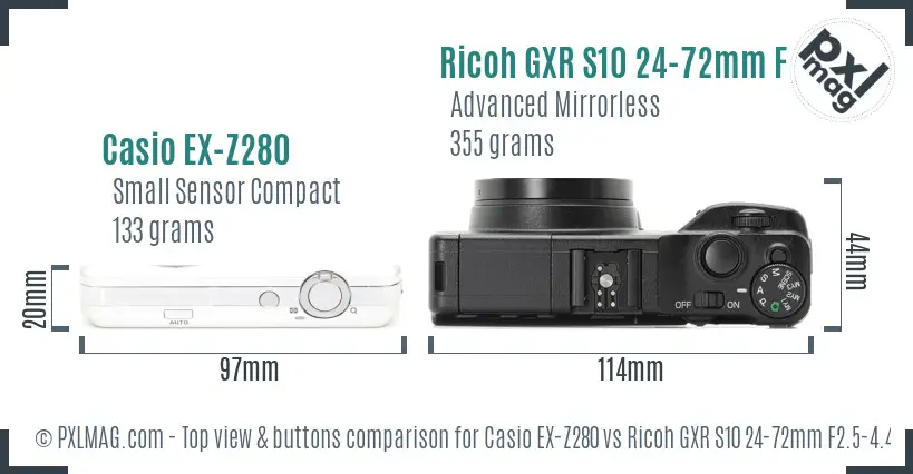 Casio EX-Z280 vs Ricoh GXR S10 24-72mm F2.5-4.4 VC top view buttons comparison Casio EX-Z280 vs Ricoh GXR S10 24-72mm F2.5-4.4 VC top view buttons comparison