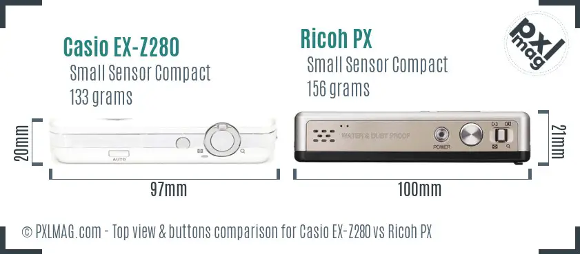 Casio EX-Z280 vs Ricoh PX top view buttons comparison