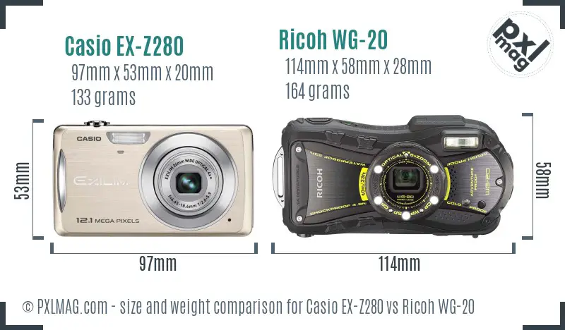Casio EX-Z280 vs Ricoh WG-20 size comparison