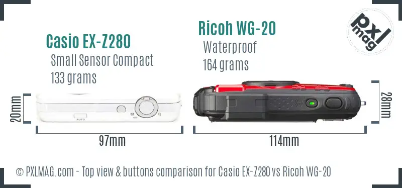 Casio EX-Z280 vs Ricoh WG-20 top view buttons comparison