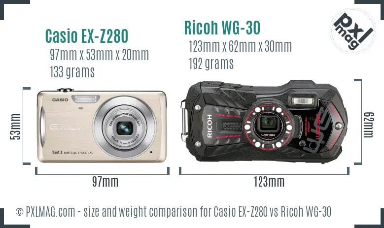 Casio EX-Z280 vs Ricoh WG-30 size comparison