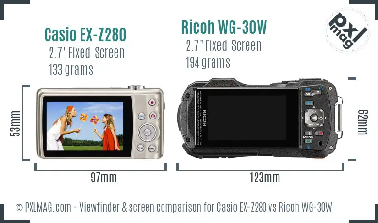 Casio EX-Z280 vs Ricoh WG-30W Screen and Viewfinder comparison