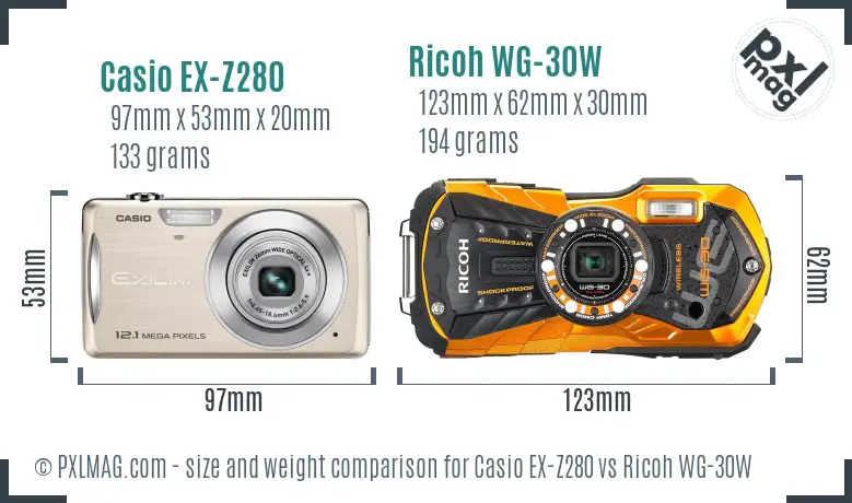 Casio EX-Z280 vs Ricoh WG-30W size comparison
