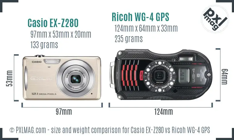 Casio EX-Z280 vs Ricoh WG-4 GPS size comparison