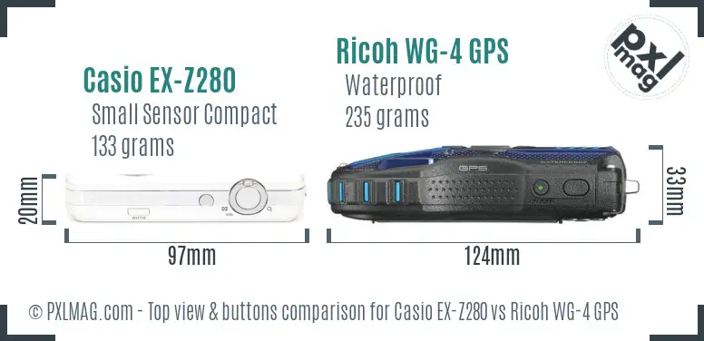 Casio EX-Z280 vs Ricoh WG-4 GPS top view buttons comparison