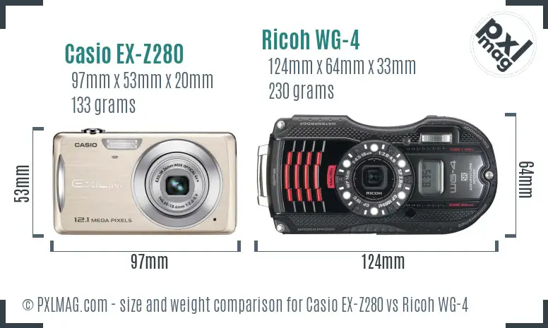 Casio EX-Z280 vs Ricoh WG-4 size comparison