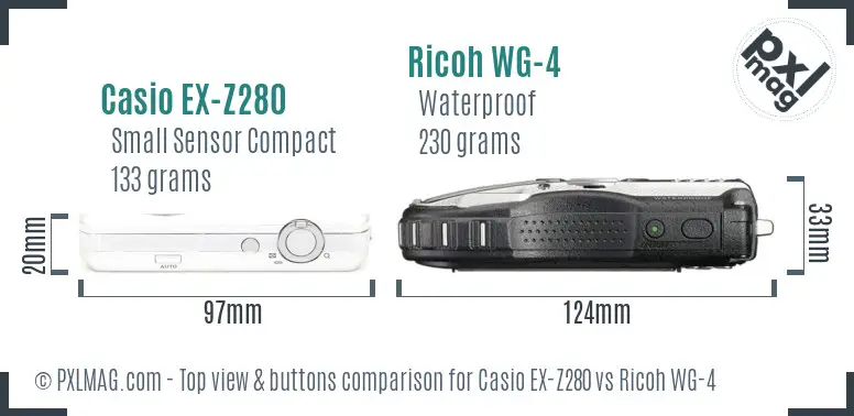Casio EX-Z280 vs Ricoh WG-4 top view buttons comparison