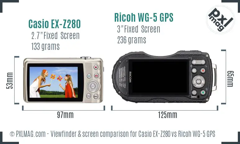 Casio EX-Z280 vs Ricoh WG-5 GPS Screen and Viewfinder comparison