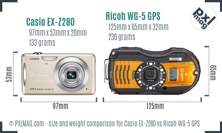 Casio EX-Z280 vs Ricoh WG-5 GPS size comparison