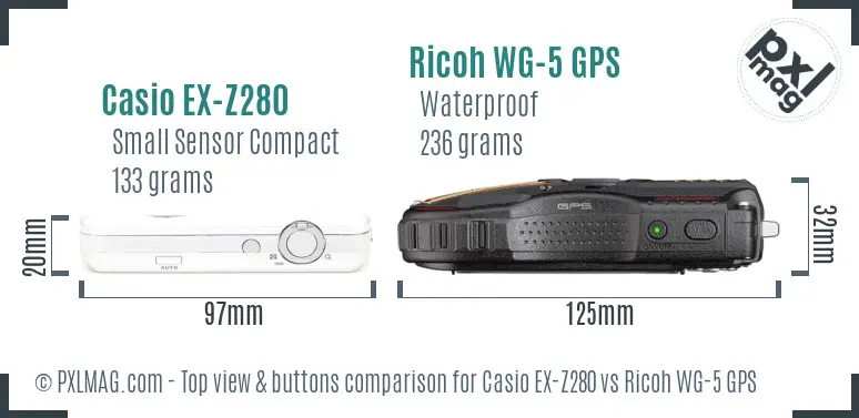 Casio EX-Z280 vs Ricoh WG-5 GPS top view buttons comparison