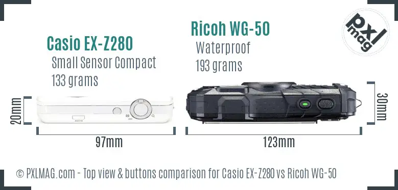 Casio EX-Z280 vs Ricoh WG-50 top view buttons comparison