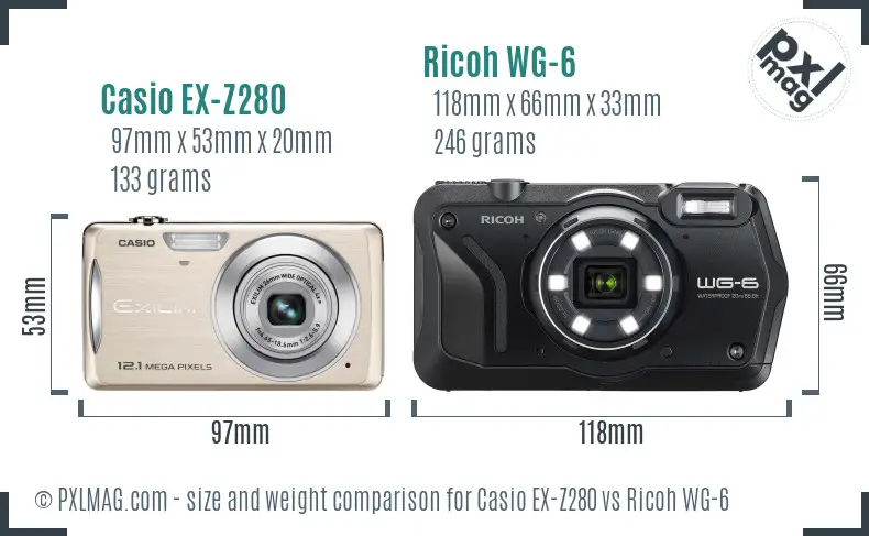 Casio EX-Z280 vs Ricoh WG-6 size comparison