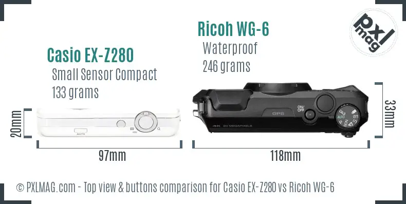 Casio EX-Z280 vs Ricoh WG-6 top view buttons comparison