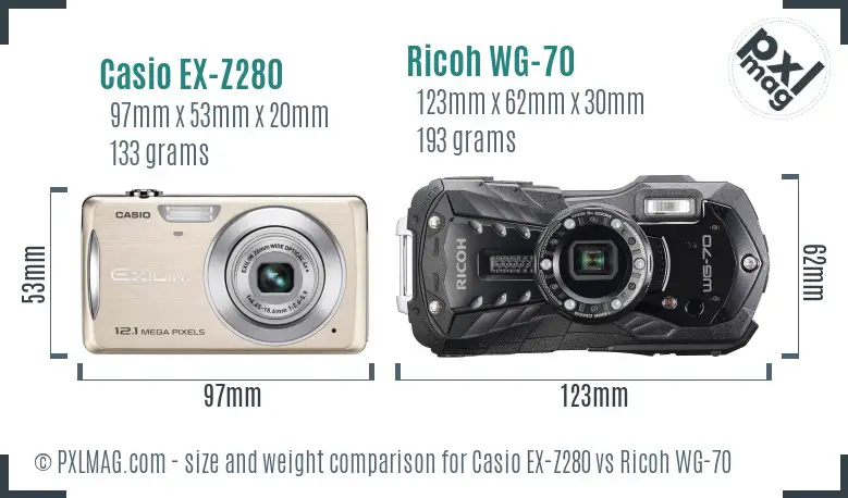 Casio EX-Z280 vs Ricoh WG-70 size comparison