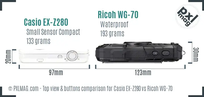 Casio EX-Z280 vs Ricoh WG-70 top view buttons comparison