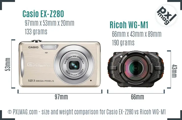 Casio EX-Z280 vs Ricoh WG-M1 size comparison Casio EX-Z280 vs Ricoh WG-M1 size comparison