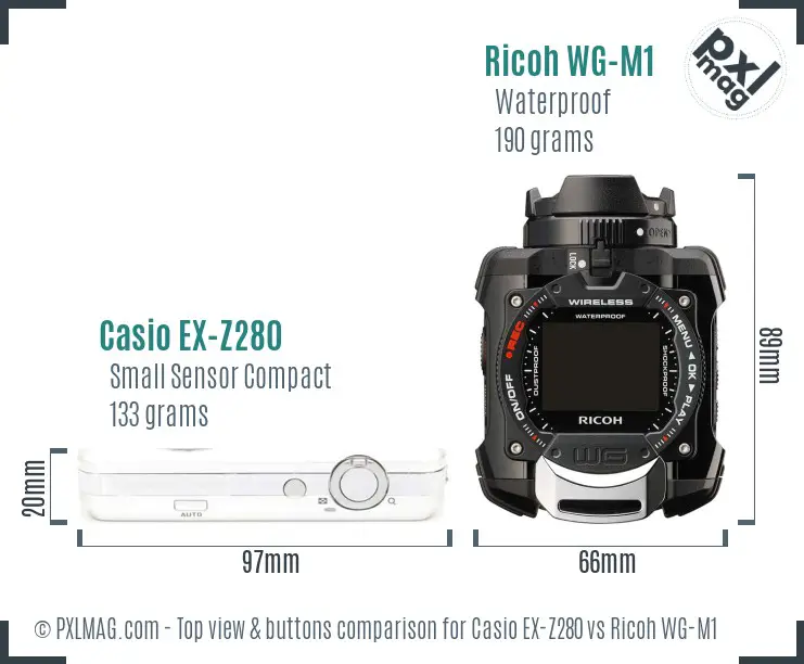 Casio EX-Z280 vs Ricoh WG-M1 top view buttons comparison Casio EX-Z280 vs Ricoh WG-M1 top view buttons comparison