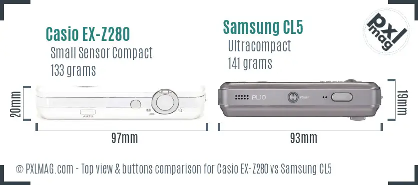 Casio EX-Z280 vs Samsung CL5 top view buttons comparison
